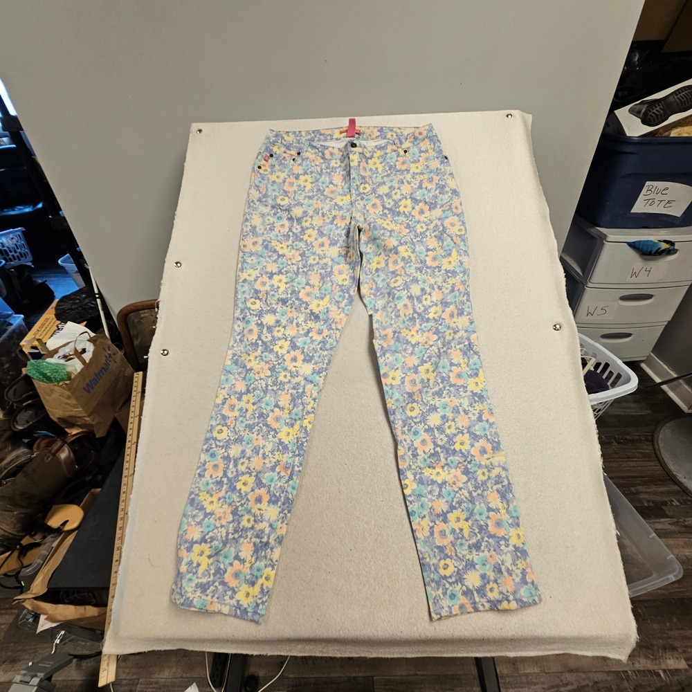 Woman Within Natural Fit Floral Pants Blue Yellow Peach Straight Leg 18T 6258